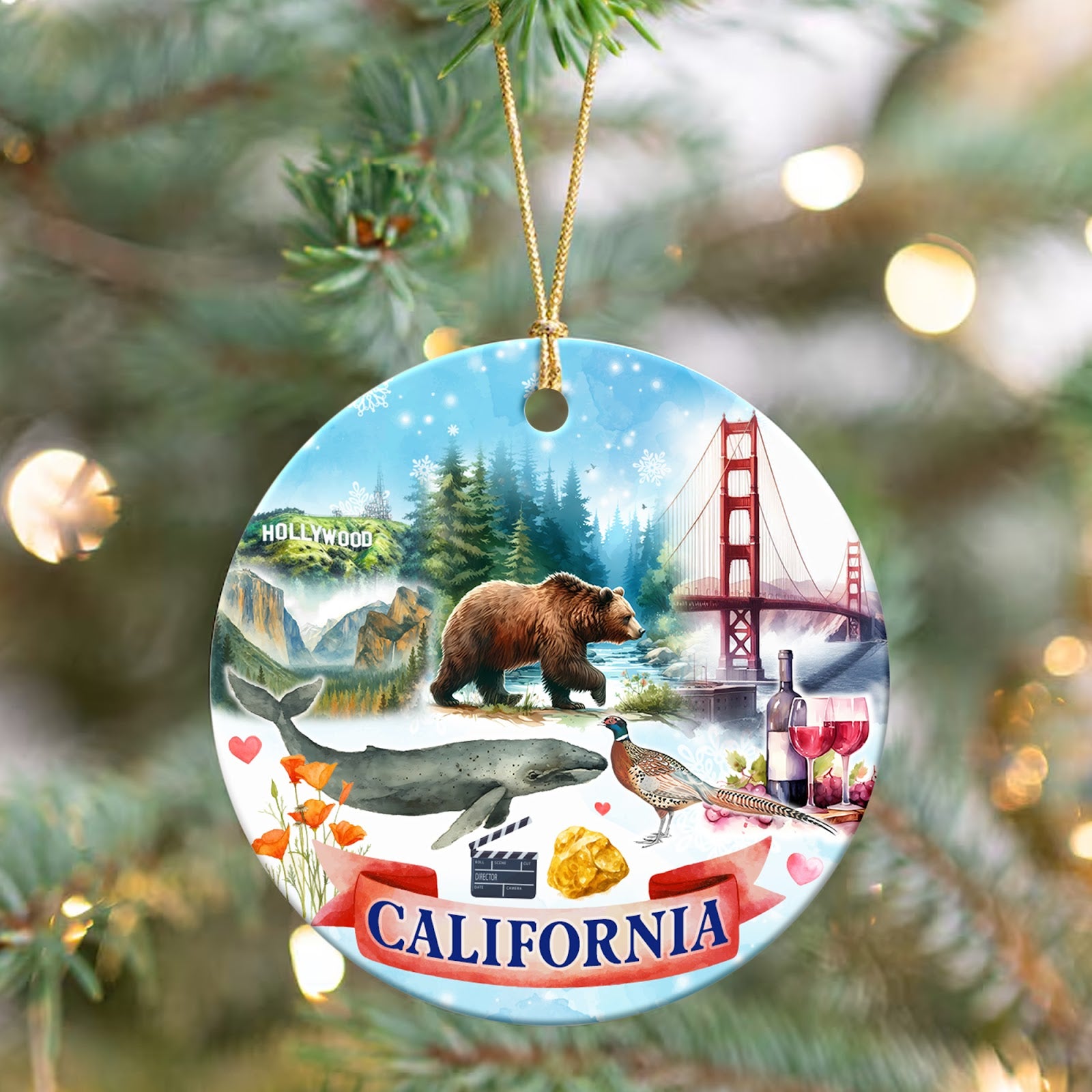 California Christmas Ornament, State Souvenir Keepsake, Ceramic Hanging Tree Decoration