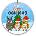 Three Bespectacled Owls in Hats and Antlers Wrapped in Bulb Lights. Ceramic Keepsake for Owl Collectors.