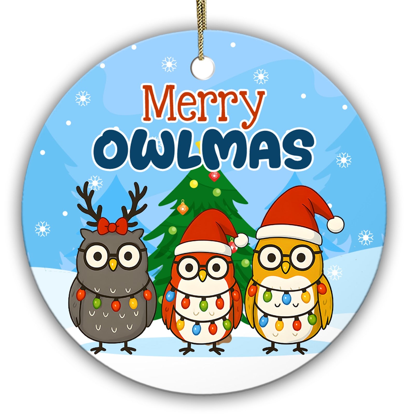 Three Bespectacled Owls in Hats and Antlers Wrapped in Bulb Lights. Ceramic Keepsake for Owl Collectors.