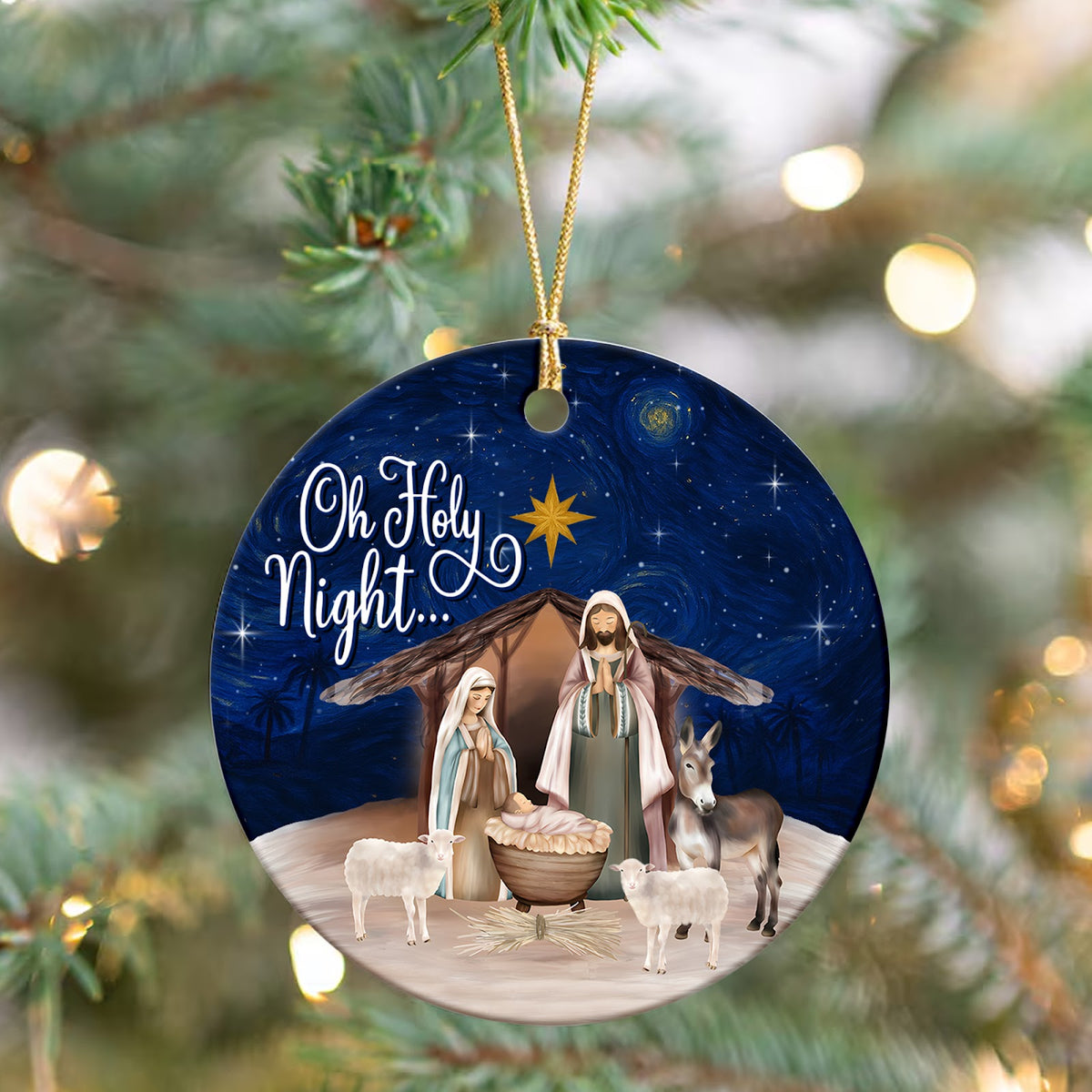 Nativity Christmas Ornament, Oh Holy Night Religious Keepsake, Ceramic Hanging Tree Decoration