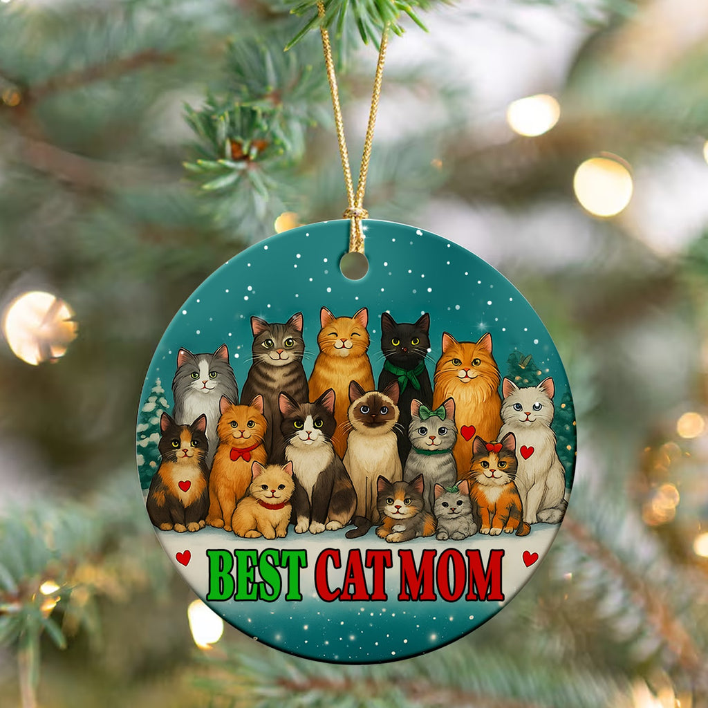 Cat Mom Christmas Ornament, Best Cat Mom Keepsake Gift, Ceramic Hanging Tree Decoration