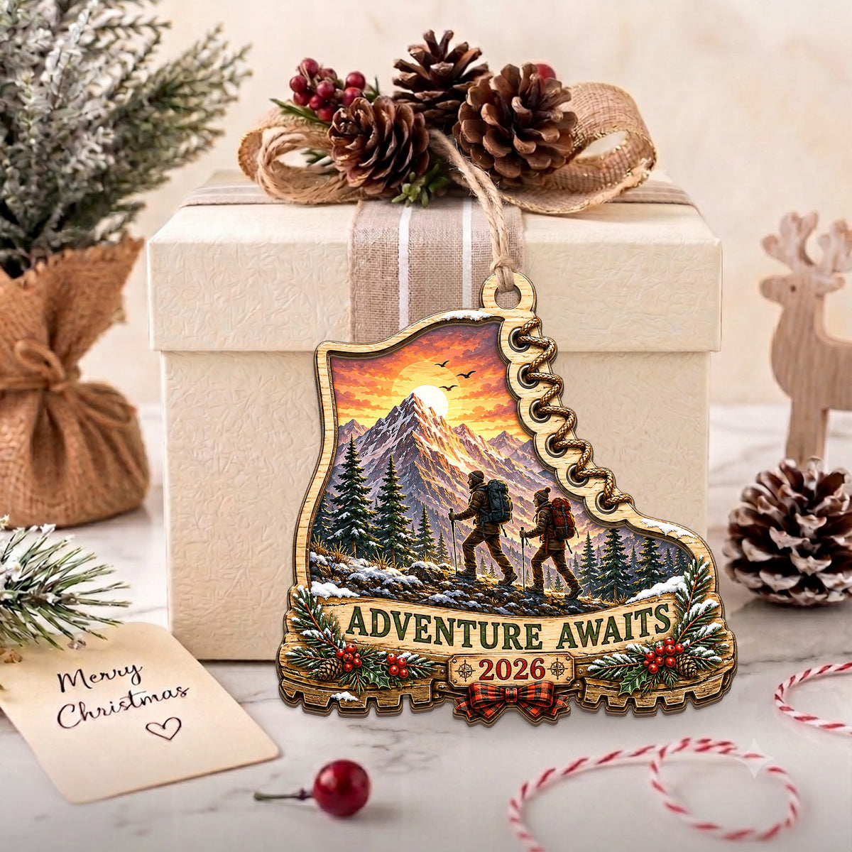 Hiking Mountain Trail Adventure Christmas Ornament, Stocking Stuffer For Hiker, Wood Ornament