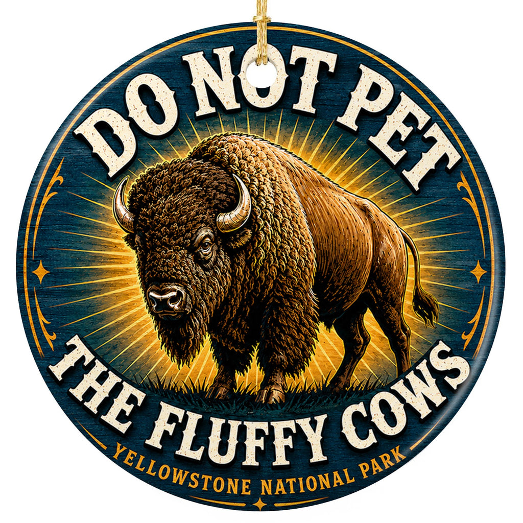 Do Not Pet the Fluffy Cows design on a glazed ceramic disc. Keepsake for national park visitors, hikers and bison fans.