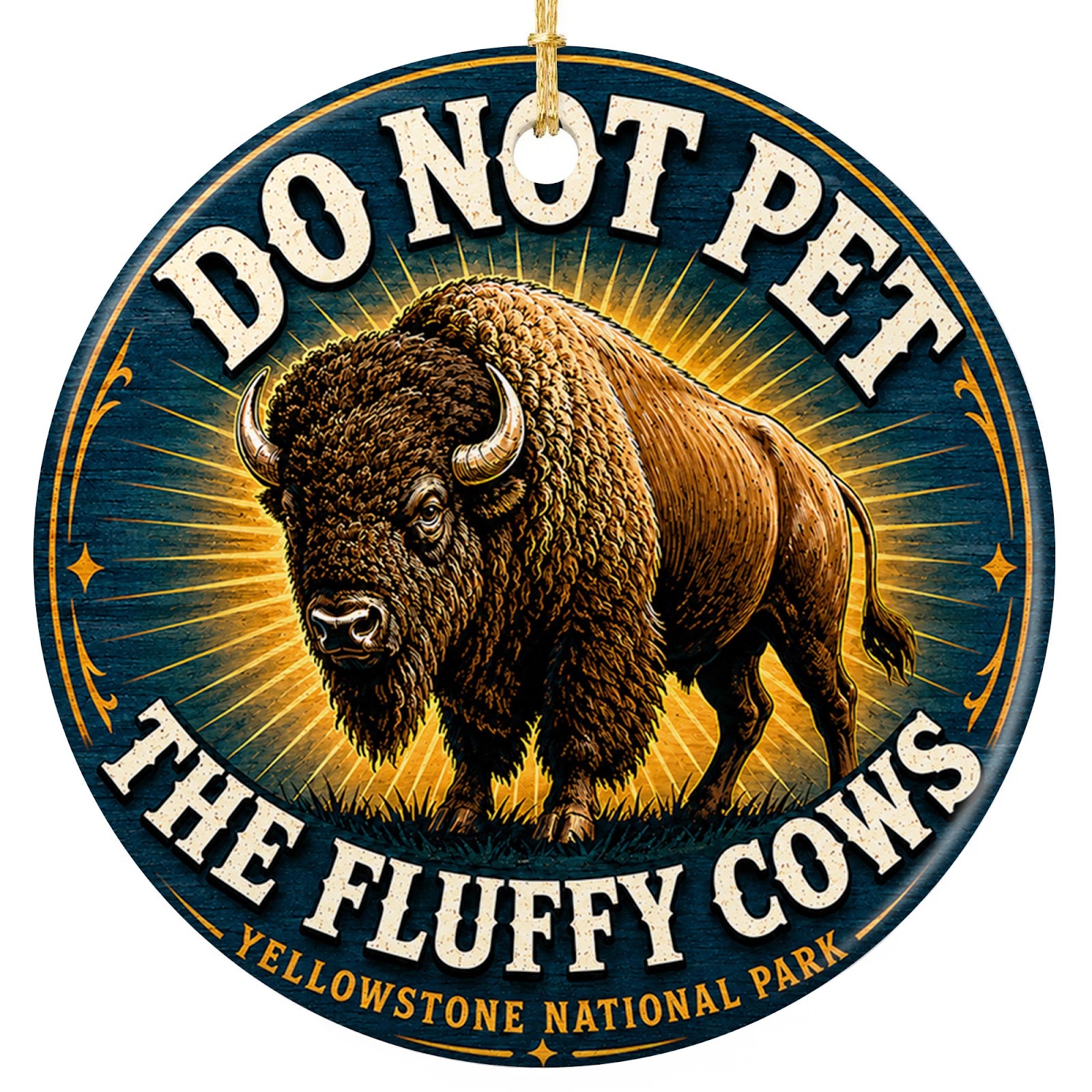 Do Not Pet the Fluffy Cows design on a glazed ceramic disc. Keepsake for national park visitors, hikers and bison fans.