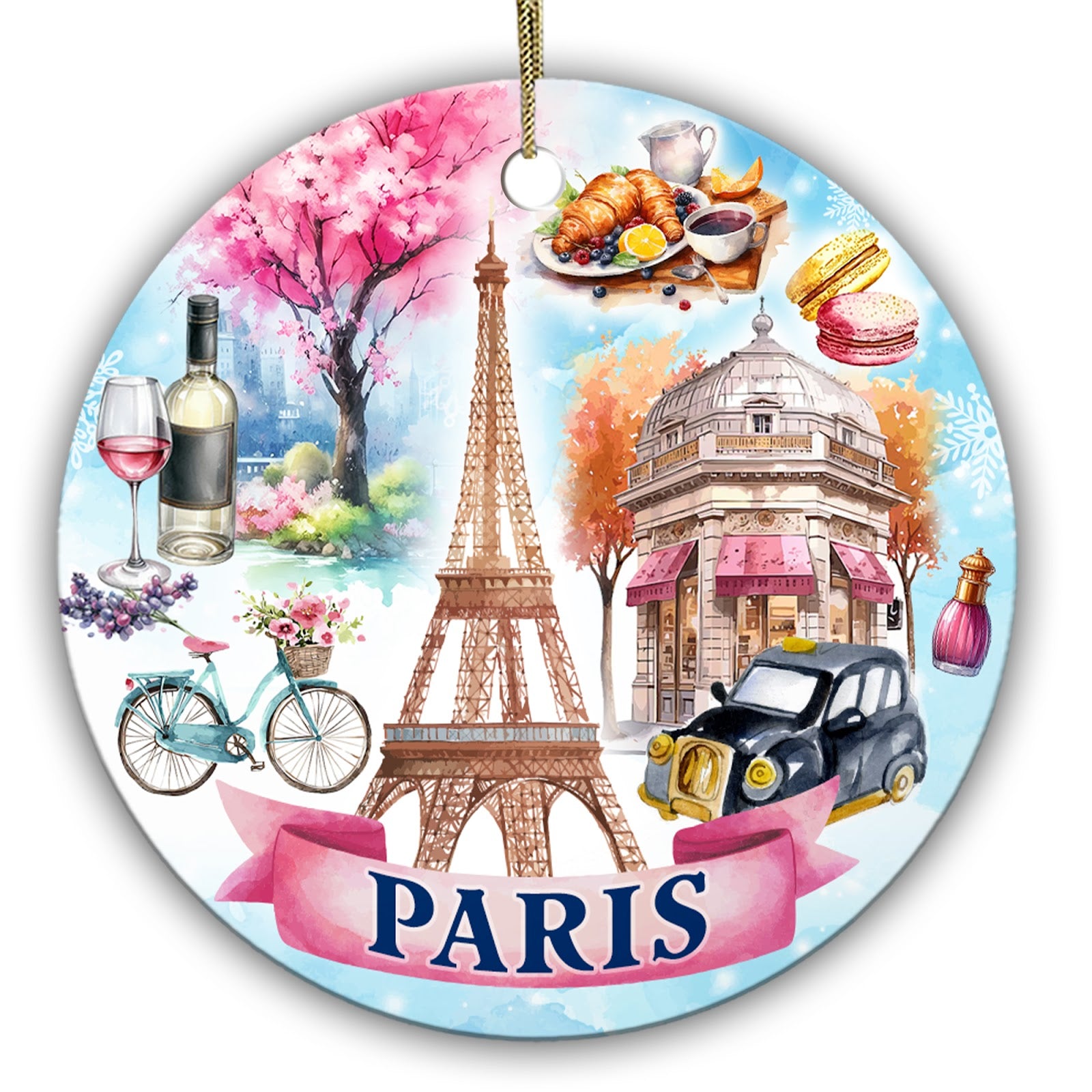 Iron Tower, Macarons, a Mint Bicycle and a Pink Patisserie. Ceramic Keepsake for Paris Travel Memories.