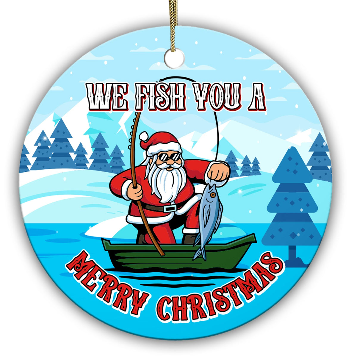 Santa in Shades Landing a Big One From a Green Rowboat. Ceramic Keepsake for Anglers and Fishing Dads.