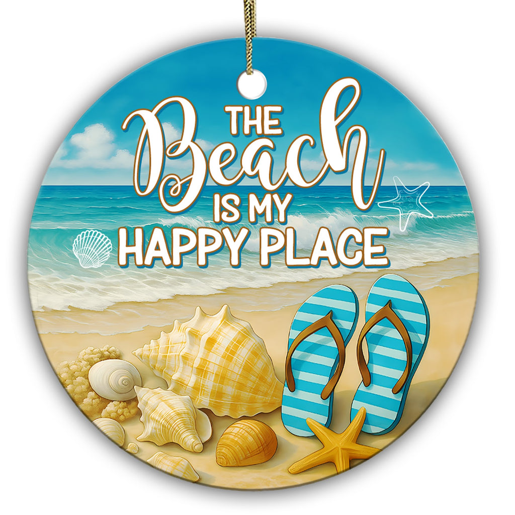 Turquoise Waves, Seashells and Striped Flip Flops on Warm Sand. Ceramic Keepsake for Beach Lovers.