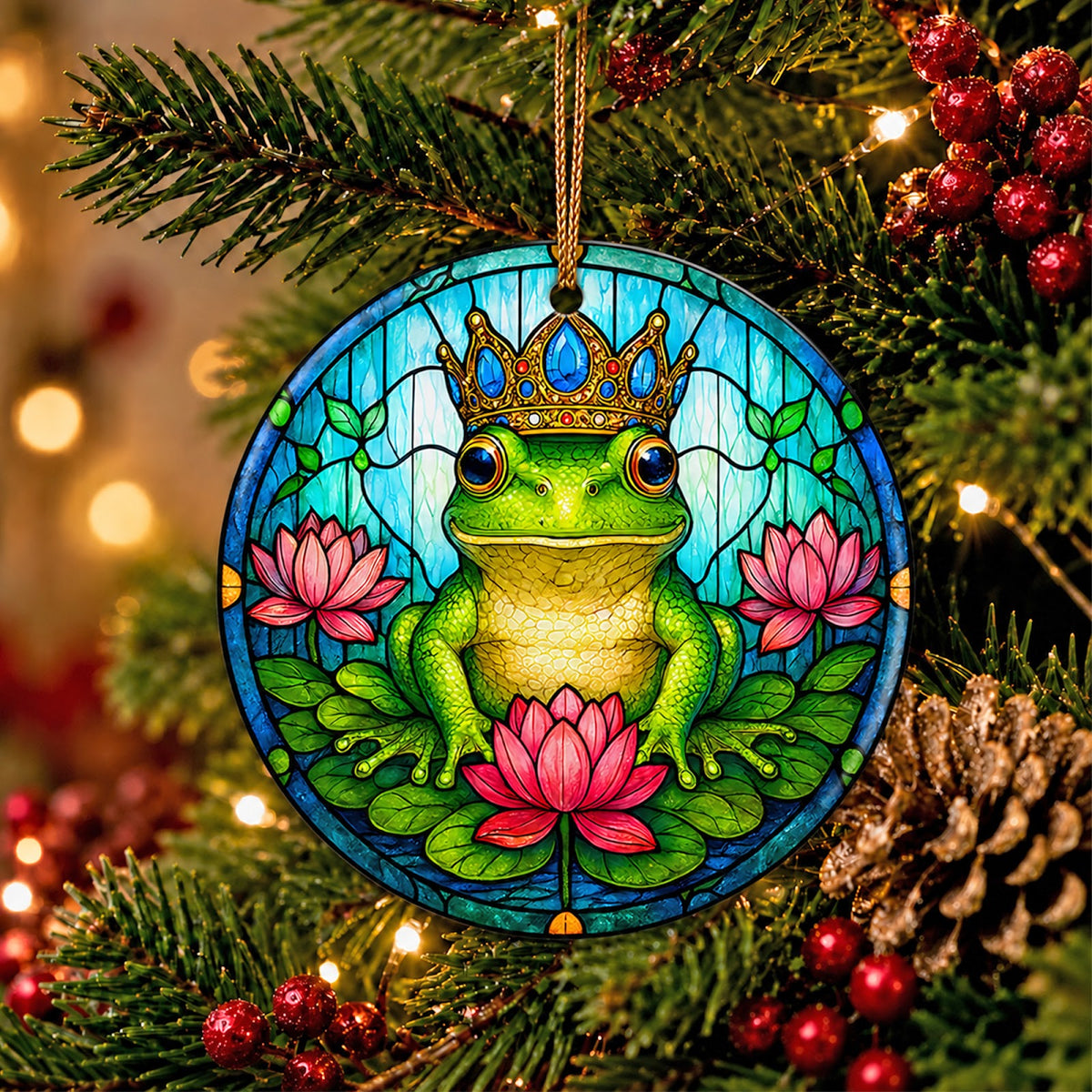 Frog Christmas Ornament, Stained Glass Crowned Prince Gift, Ceramic Hanging Tree Decoration