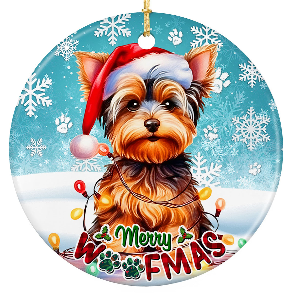 Yorkshire Terrier in an Oversized Santa Hat With Bulb Lights. Ceramic Keepsake for Yorkie Owners.