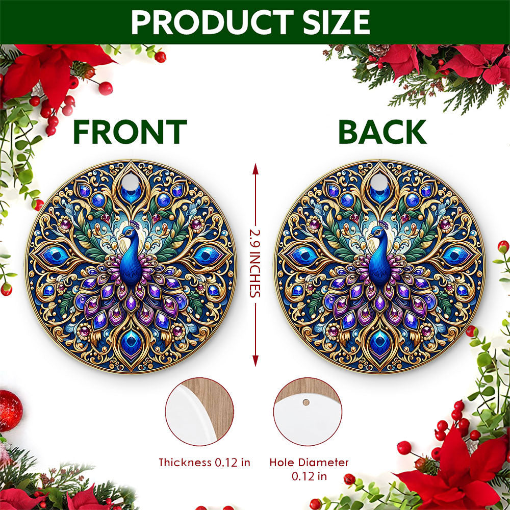 Peacock Christmas Ornament, Jeweled Mandala Elegant Gift, Ceramic Hanging Tree Decoration