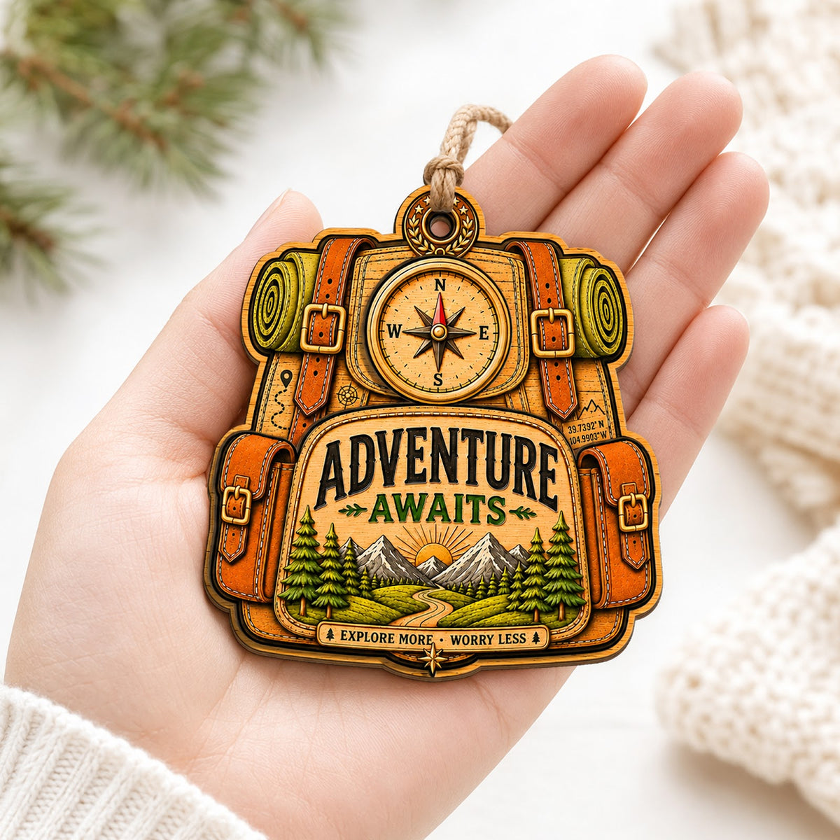 Adventure Awaits Explore Travel Christmas Ornament, Wanderlust Keepsake, Wood Tree Decoration