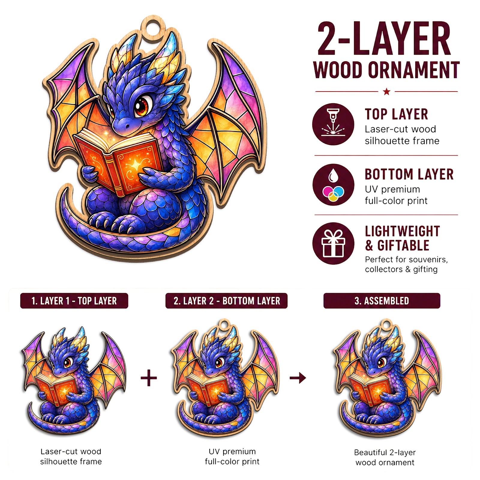 Dragon Book Christmas Ornament, Stocking Stuffer For Fantasy Reader, Wood Tree Decoration