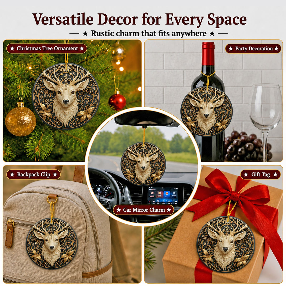 Deer Christmas Ornament, Jeweled Filigree Cabin Decor Gift, Ceramic Hanging Tree Decoration