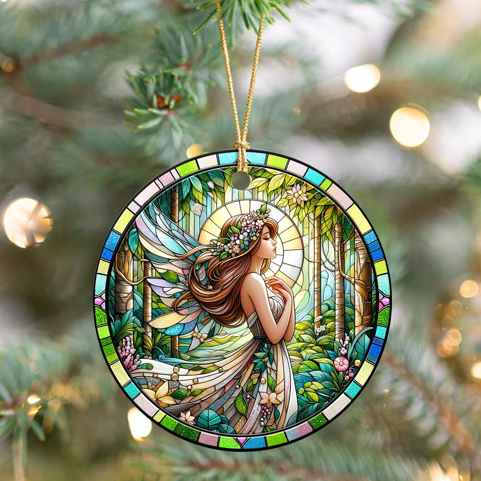 Fairy Christmas Ornament, Stained Glass Fantasy Gift, Ceramic Hanging Tree Decoration