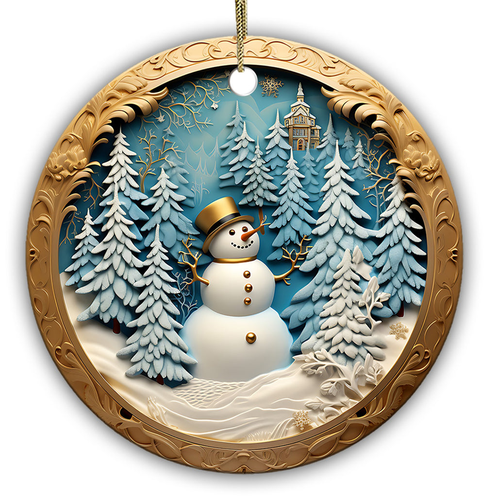 Snowman in a Gold Top Hat Among Pines With a Lit Church Steeple. Ceramic Keepsake in Raised Relief.