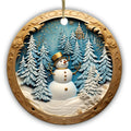 Snowman in a Gold Top Hat Among Pines With a Lit Church Steeple. Ceramic Keepsake in Raised Relief.