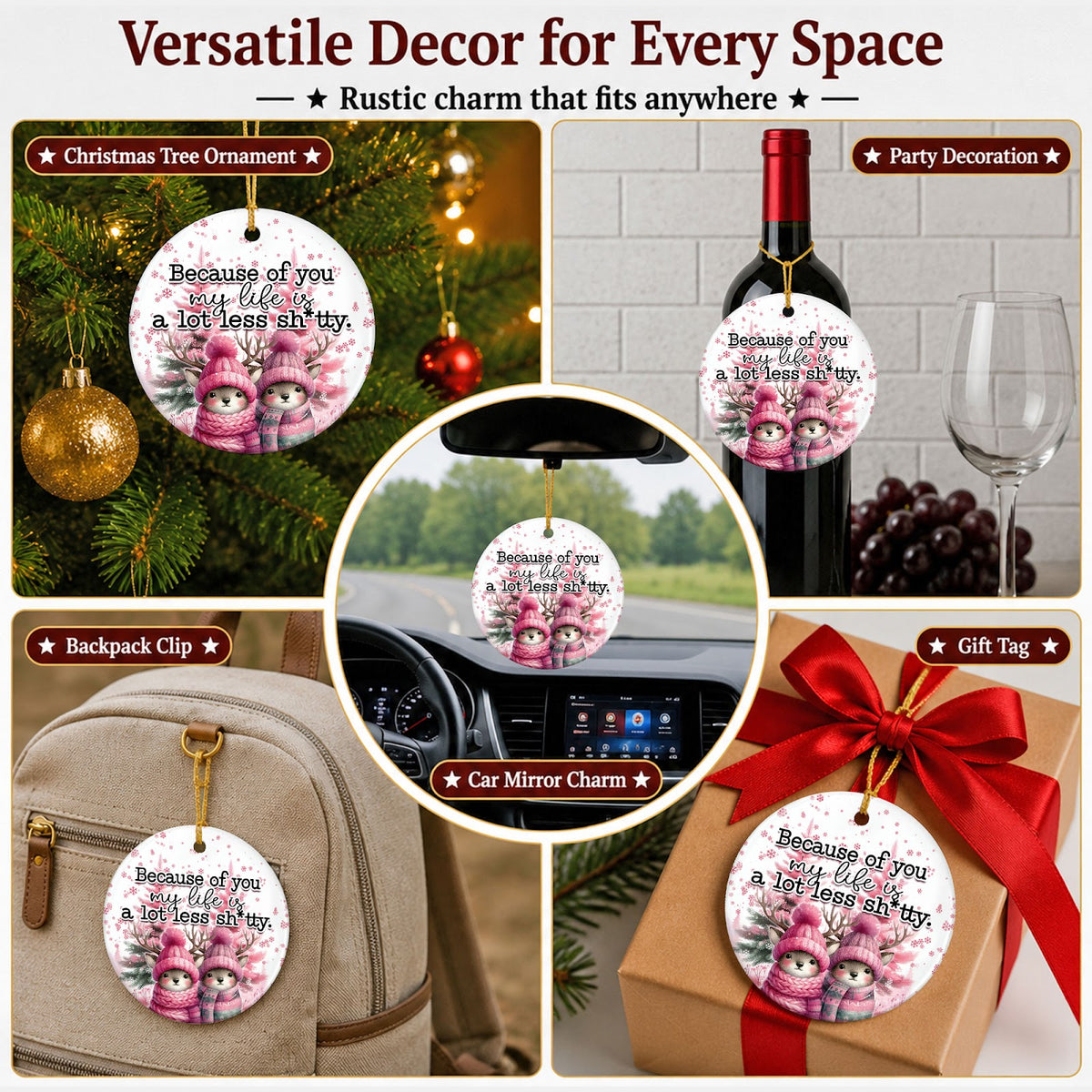 Best Friend Christmas Ornament, Snarky Pink Deer Bestie Gift Idea, Ceramic Tree Decoration