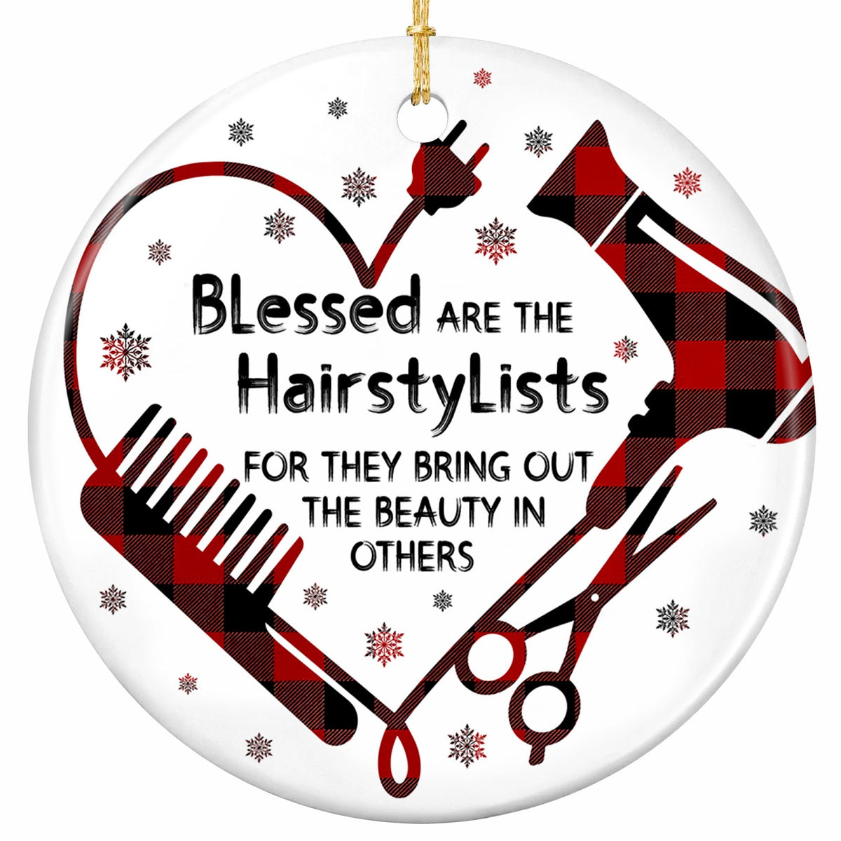 Salon Tools in Buffalo Plaid Forming a Heart Outline Around the Message. Ceramic Keepsake for Stylists.