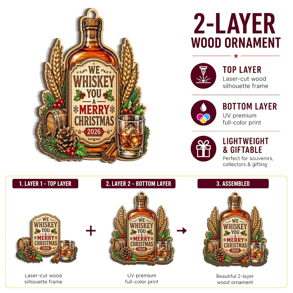 Whiskey Bottle Wood Christmas Ornament