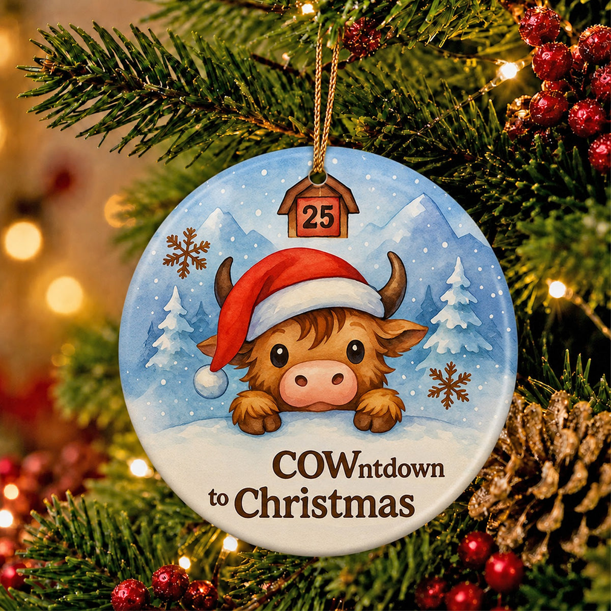 Highland Cow Christmas Ornament, Funny Cute Farmhouse Gift, Ceramic Hanging Tree Decoration