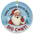 Jolly Santa Pointing a Gloved Finger Before Snowy Peaks With a Blunt Verdict. Ceramic Novelty Keepsake.