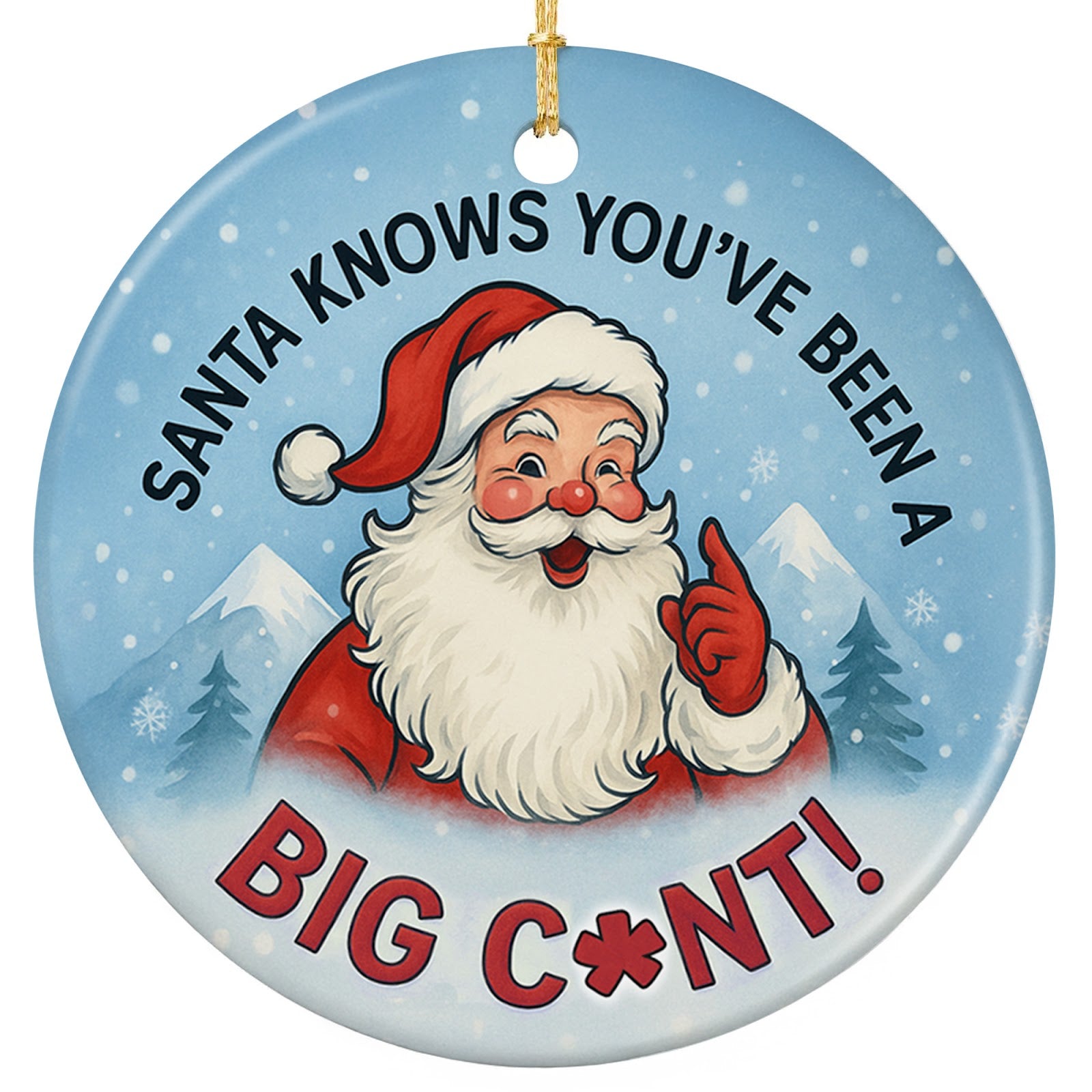 Jolly Santa Pointing a Gloved Finger Before Snowy Peaks With a Blunt Verdict. Ceramic Novelty Keepsake.