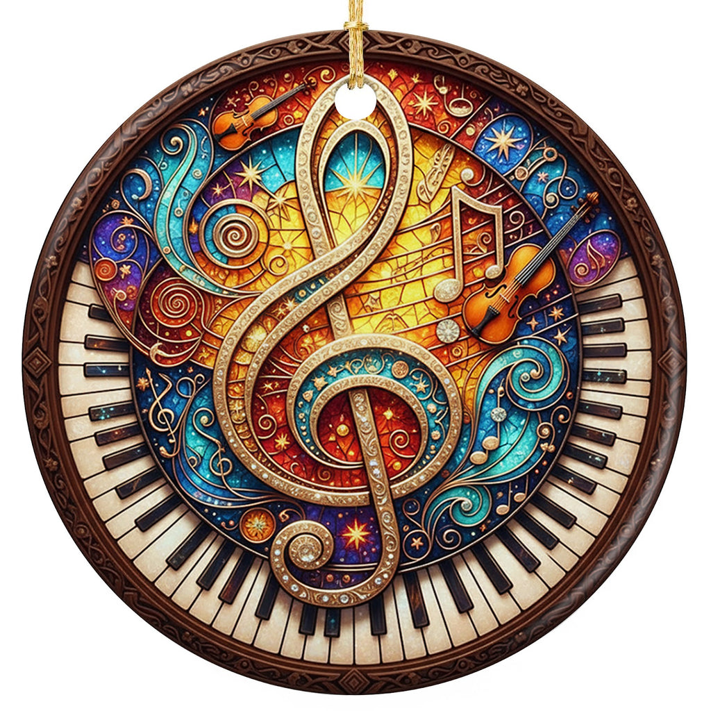Gilded Treble Clef on a Glass Mandala of Staves and Violins. Ceramic Keepsake for Musicians and Teachers.