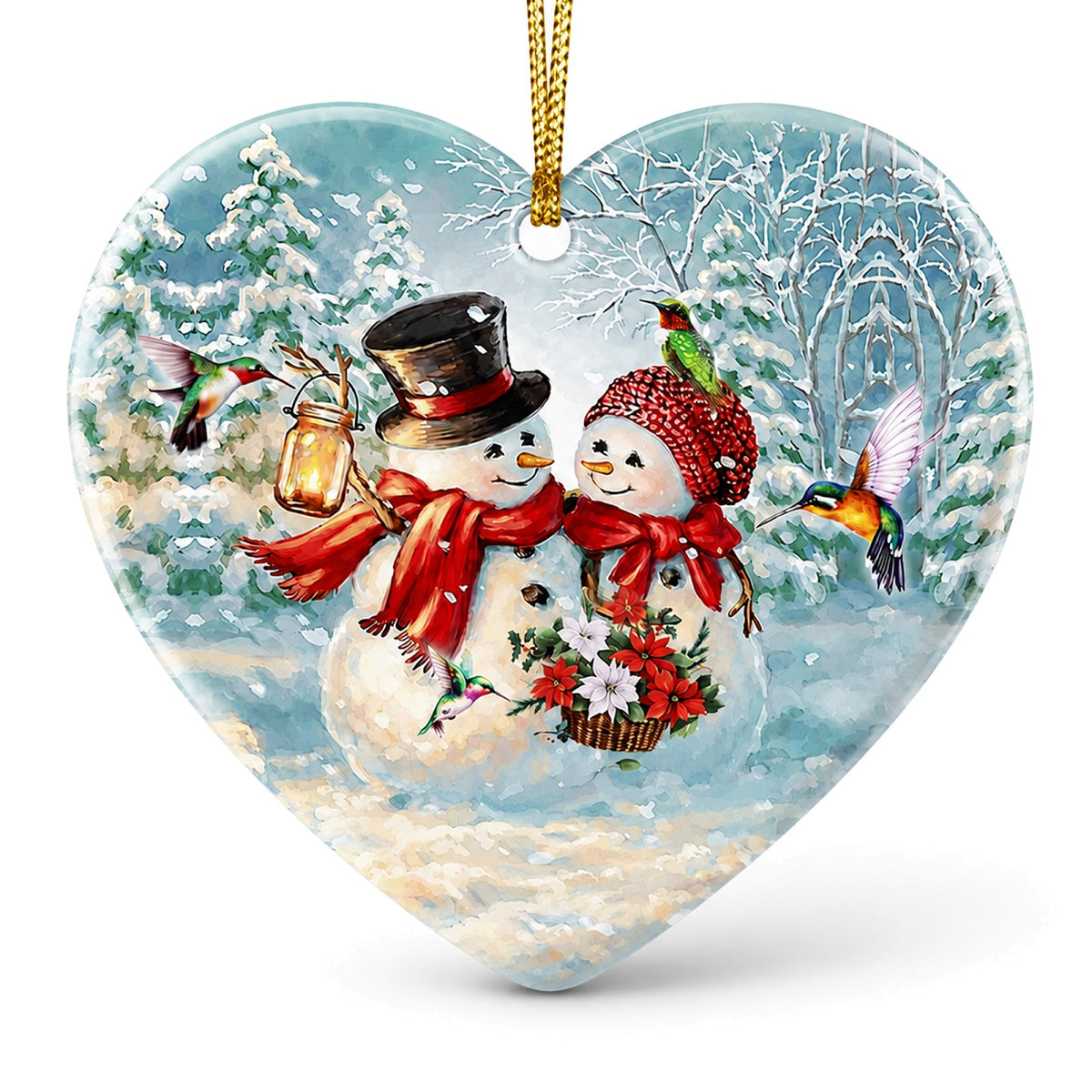 Two Snowmen With a Lantern and Poinsettias Among Iridescent Hummingbirds. Heart-Shaped Ceramic Keepsake.