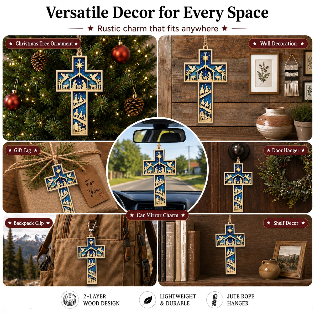 Nativity Cross Christmas Ornament, Religious Holiday Gift, Wood Hanging Tree Decoration