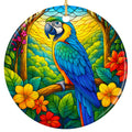 Blue and Gold Macaw on a Branch Among Tropical Mosaic Flowers. Ceramic Keepsake for Parrot Owners.