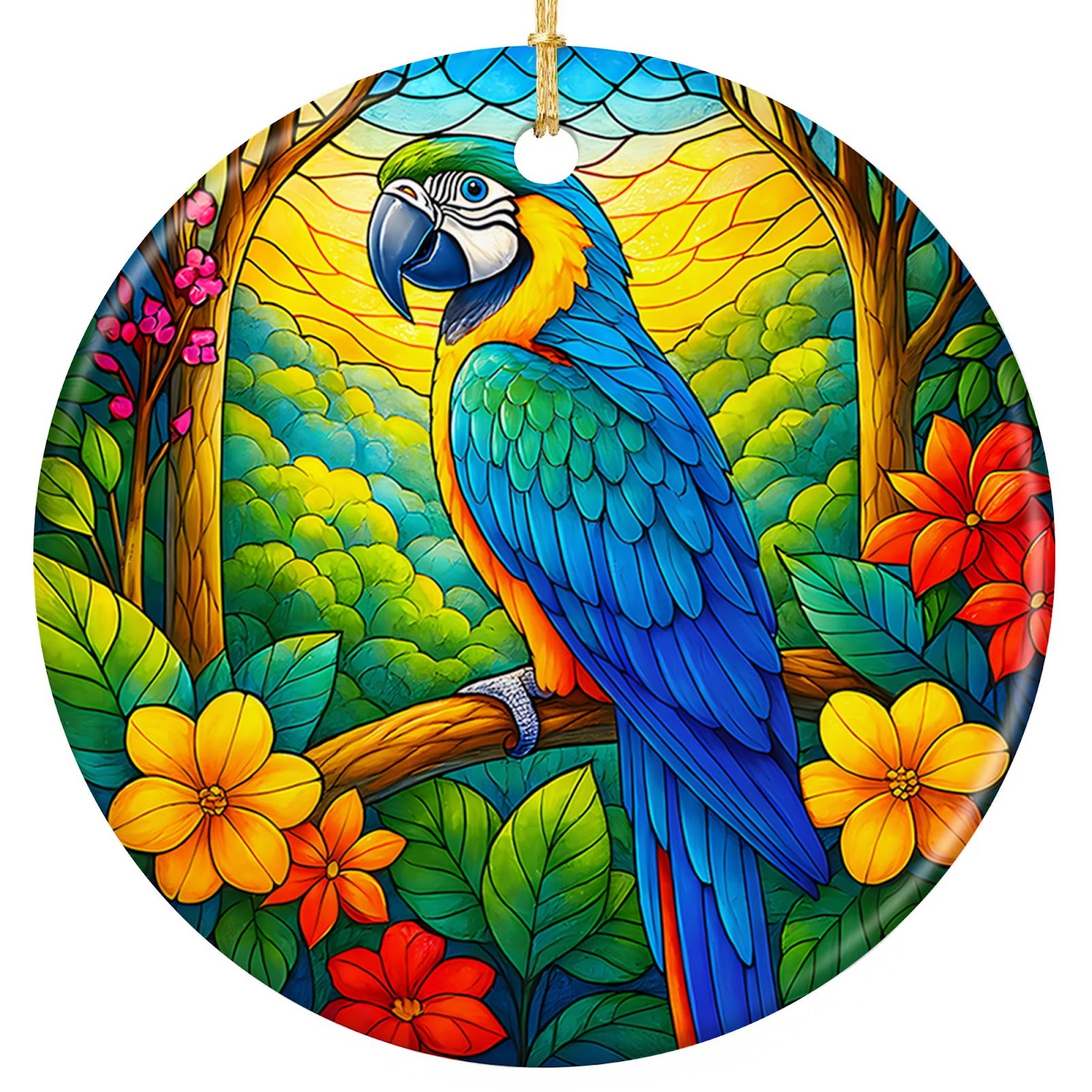 Blue and Gold Macaw on a Branch Among Tropical Mosaic Flowers. Ceramic Keepsake for Parrot Owners.