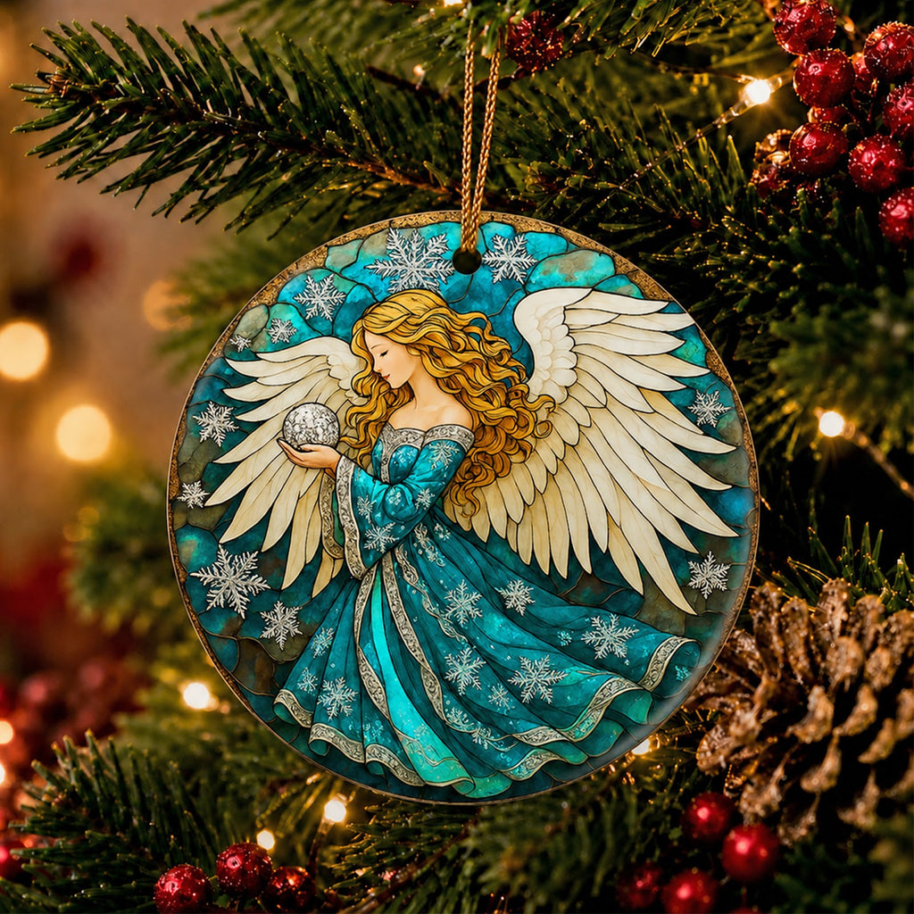 Angel Christmas Ornament, Blue Winter Glowing Orb Gift, Ceramic Hanging Tree Decoration