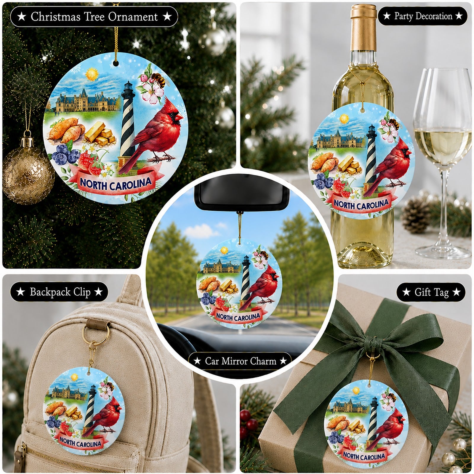 North Carolina Christmas Ornament, State Souvenir Keepsake Gift, Ceramic Tree Decoration