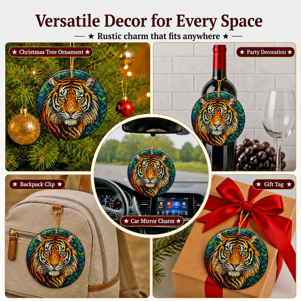 Tiger Christmas Ornament, Stained Glass Big Cat Lover Gift, Ceramic Hanging Tree Decoration