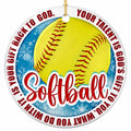 Your Talent Is God's Gift to You. Yellow Softball on Icy Blue, Ceramic Keepsake for Christian Players.