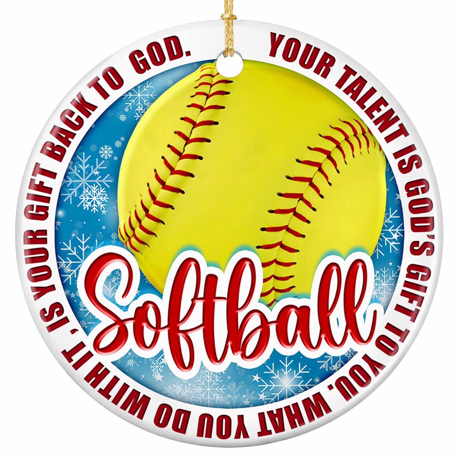 Your Talent Is God's Gift to You. Yellow Softball on Icy Blue, Ceramic Keepsake for Christian Players.