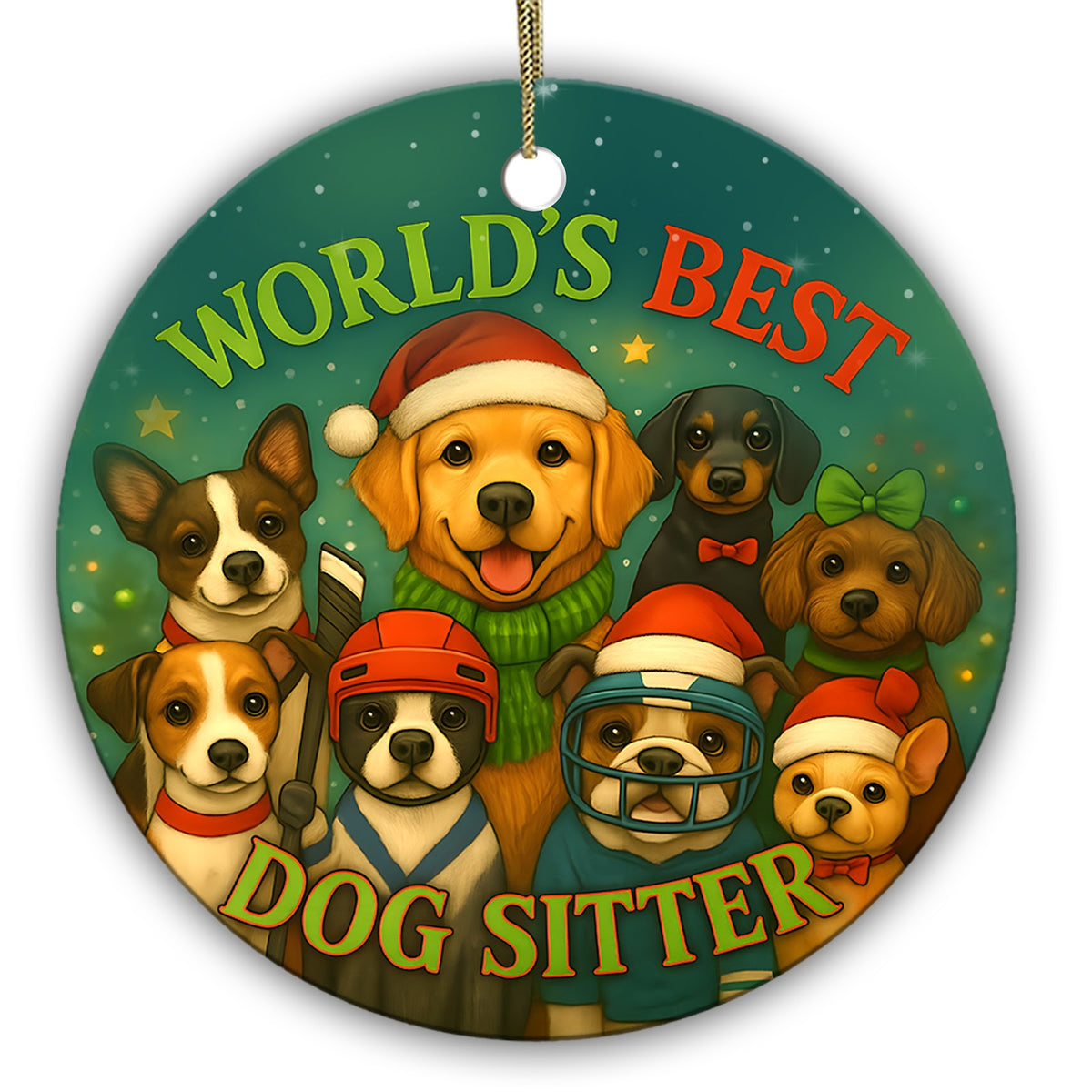 World's Best Dog Sitter. Nine Dogs in Hats and Helmets on a Ceramic Keepsake for Your Sitter or Walker.