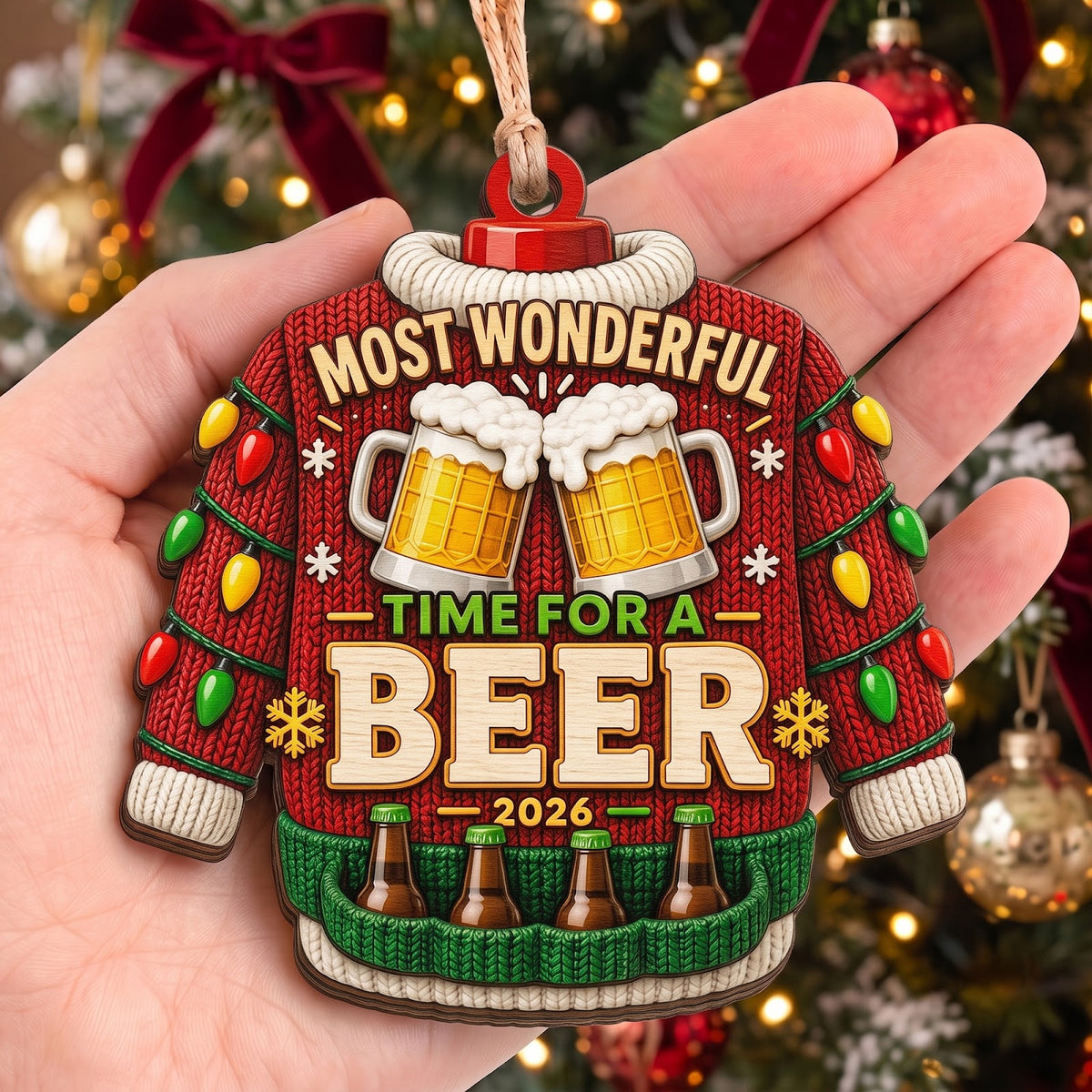 Beer Sweater Wood Christmas Ornament