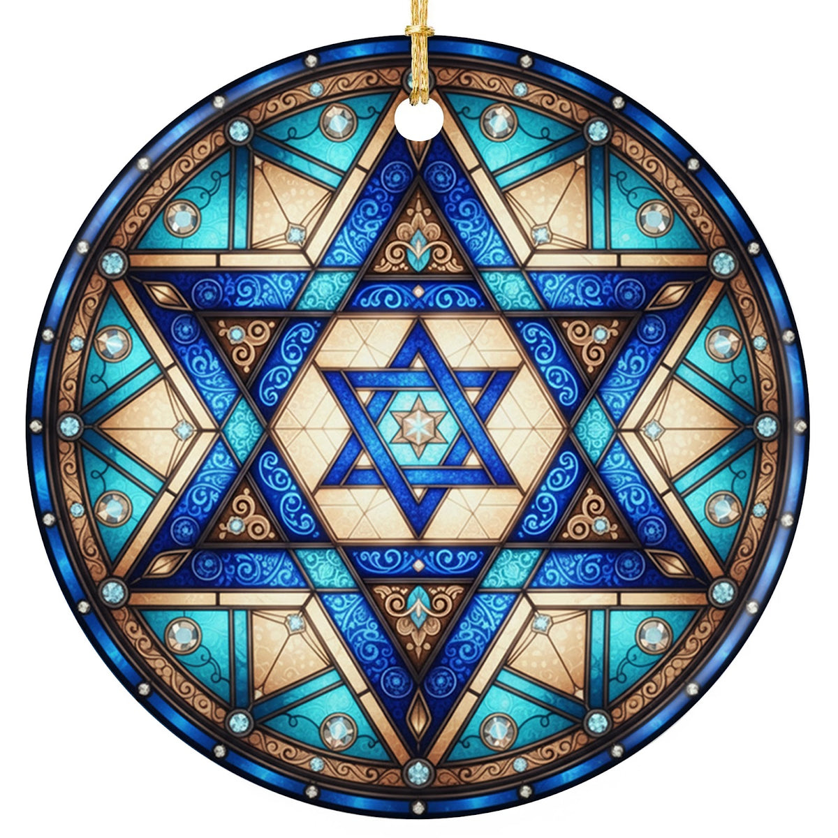 Royal Blue Filigree Star Framed in Cream and Turquoise Glass. Ceramic Keepsake for Hanukkah and Judaica Decor.