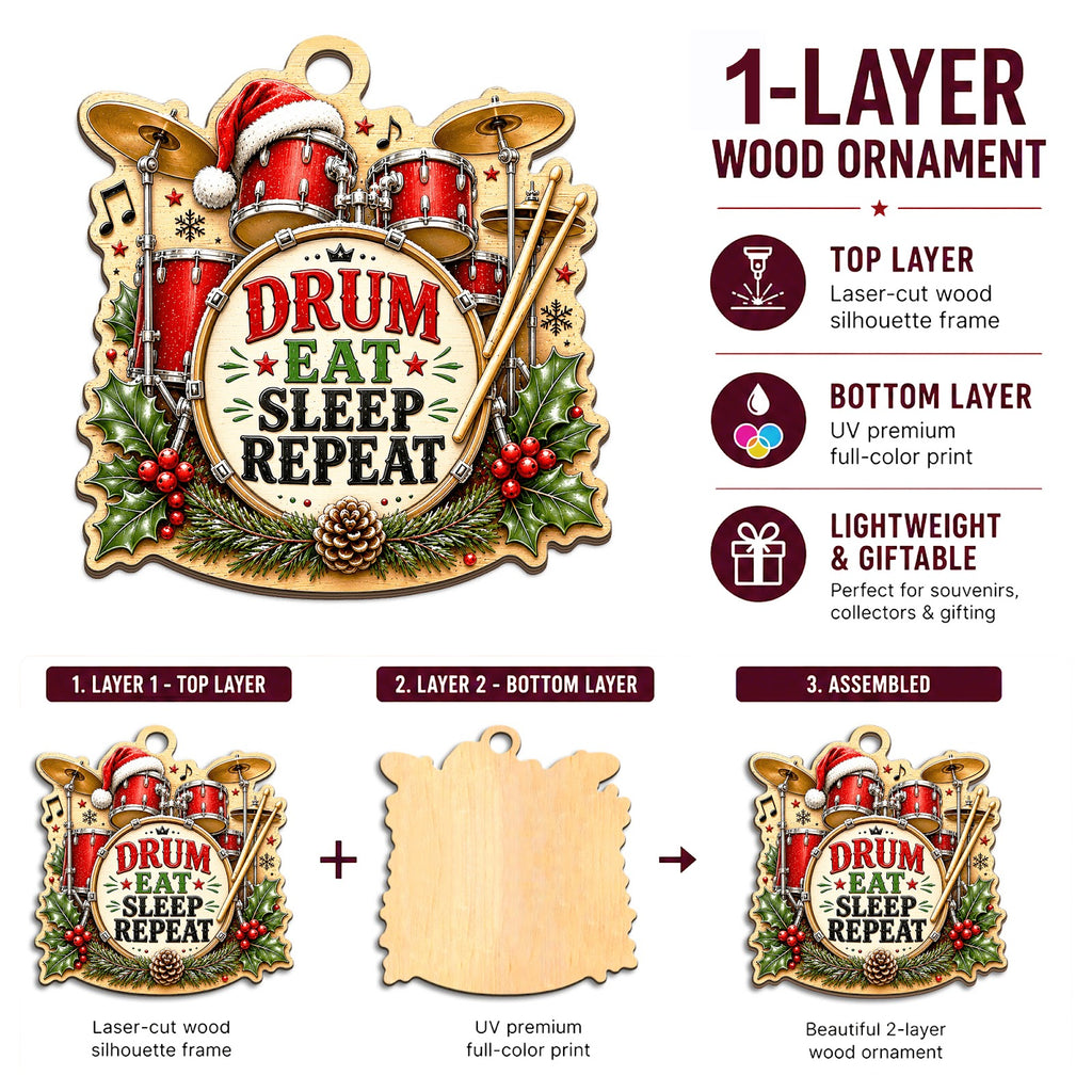 Drum Christmas Ornament, Stocking Stuffer For Percussionist, Wood Hanging Tree Decoration