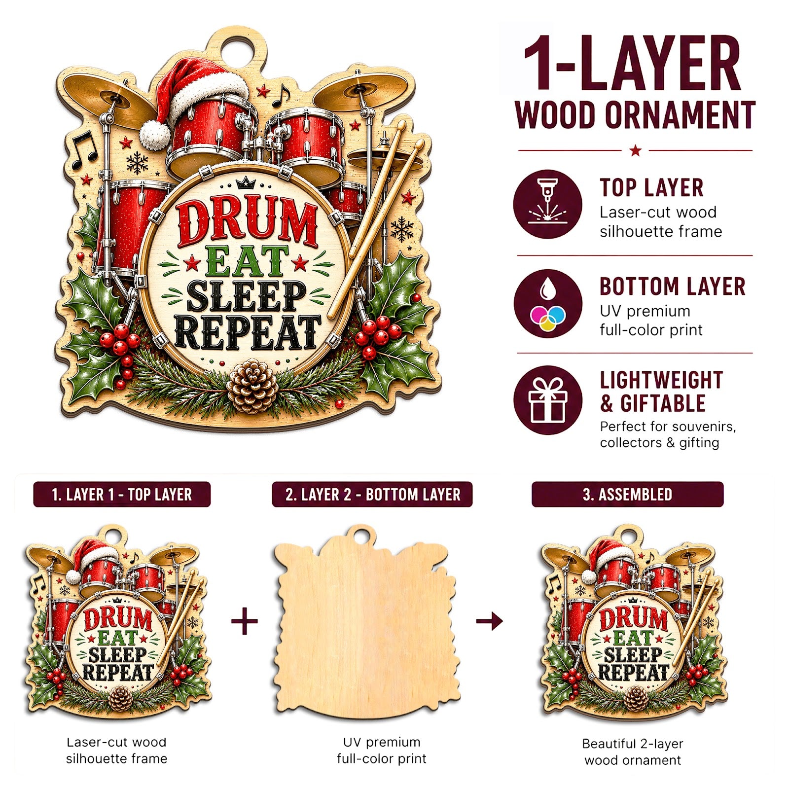 Drum Christmas Ornament, Stocking Stuffer For Percussionist, Wood Hanging Tree Decoration