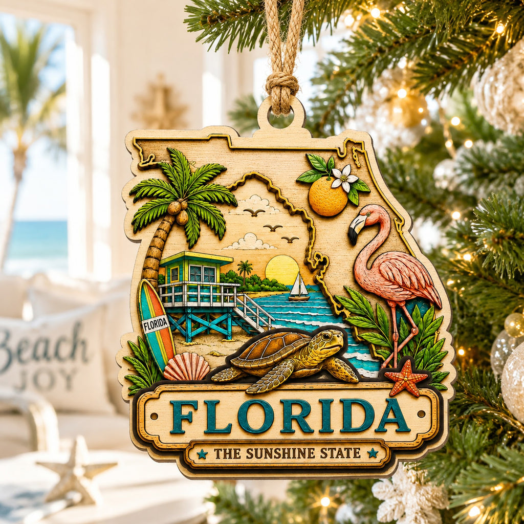 Florida Christmas Ornament, Sunshine State Beach and Palm Souvenir Gift, Wood Tree Decoration