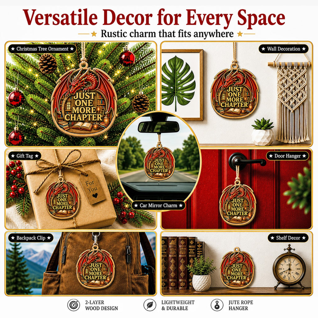 Red Flying Book Dragon Fantasy Christmas Ornament, Flying Dragon Keepsake, Wood Tree Decoration