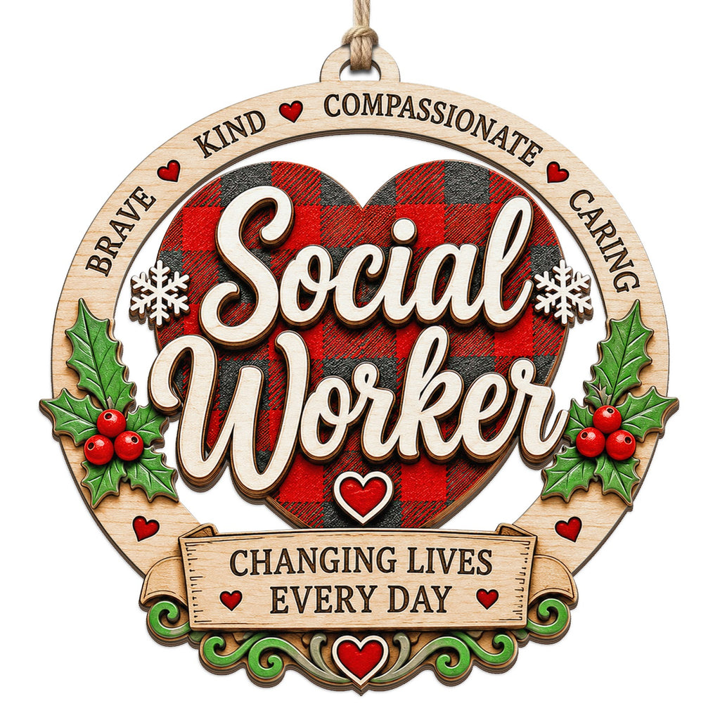 Ring Ornament Reads Brave Kind Compassionate Caring With A Plaid Heart. Meaningful Gift For Social Workers.