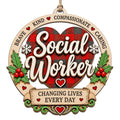 Ring Ornament Reads Brave Kind Compassionate Caring With A Plaid Heart. Meaningful Gift For Social Workers.