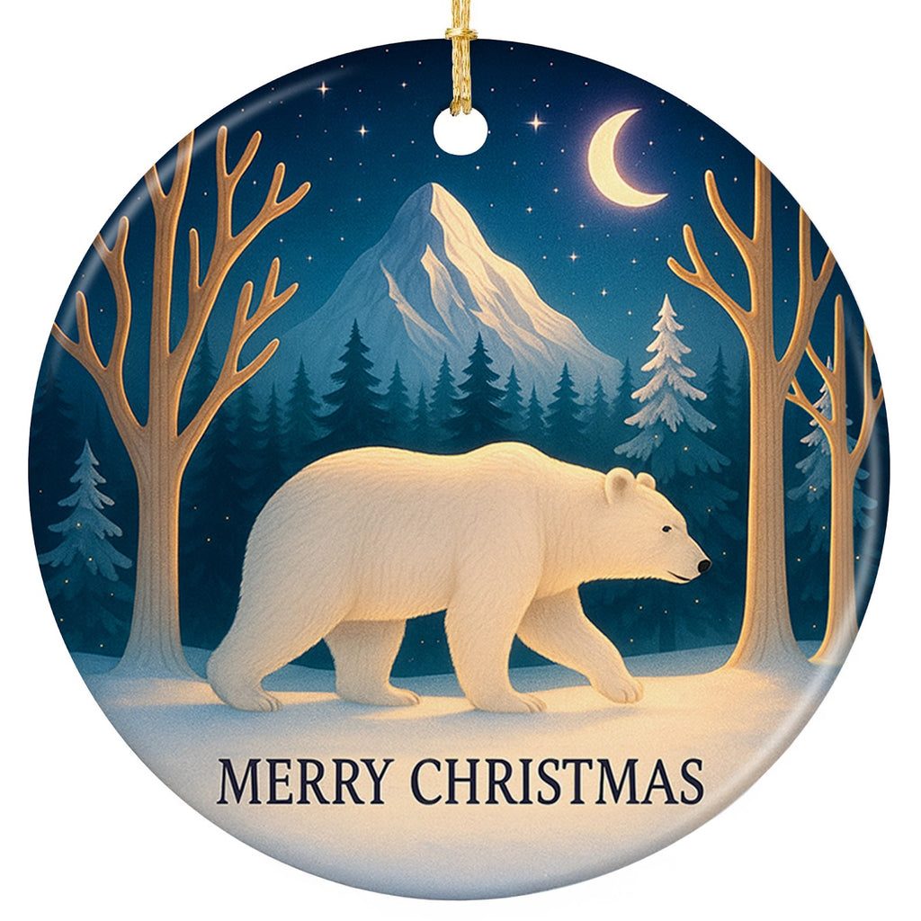 White Polar Bear Walking Past Pines Under a Crescent Moon and Stars. Ceramic Keepsake for Winter Wildlife.