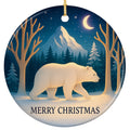 White Polar Bear Walking Past Pines Under a Crescent Moon and Stars. Ceramic Keepsake for Winter Wildlife.