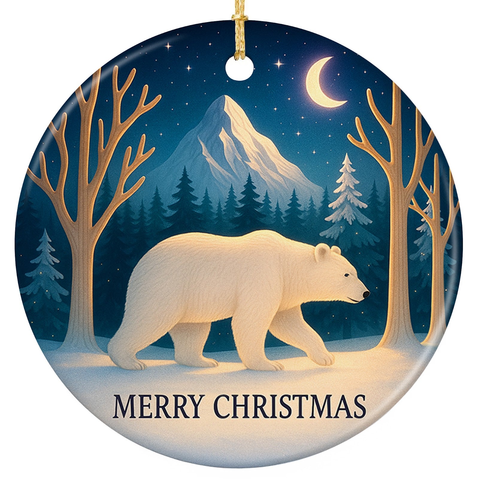 White Polar Bear Walking Past Pines Under a Crescent Moon and Stars. Ceramic Keepsake for Winter Wildlife.