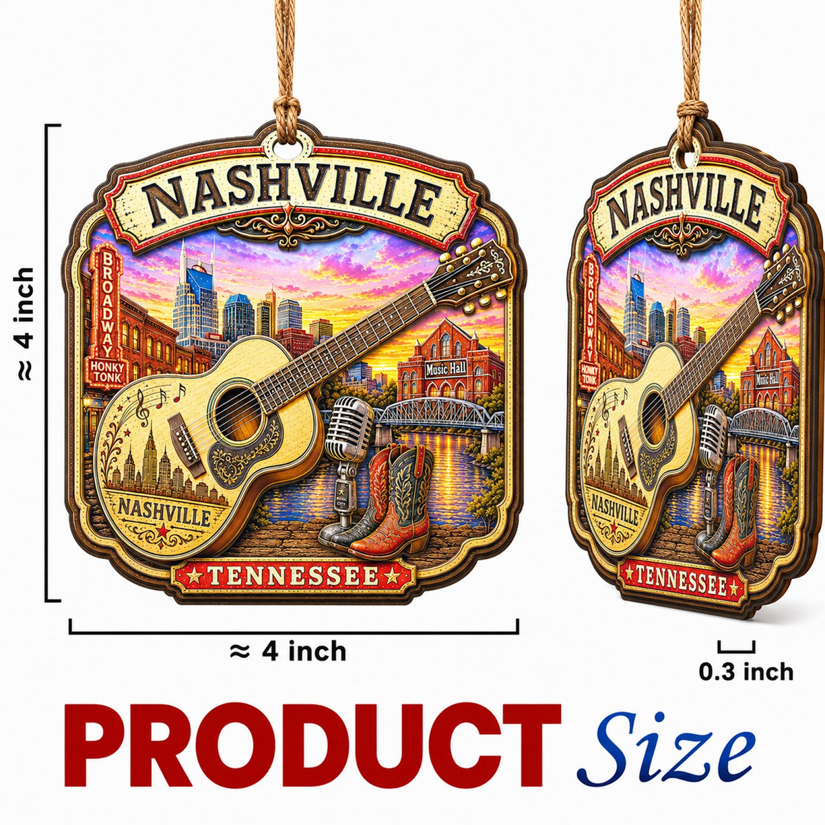Nashville Christmas Ornament, Tennessee Music and Guitar Souvenir Gift, Wood Tree Decoration