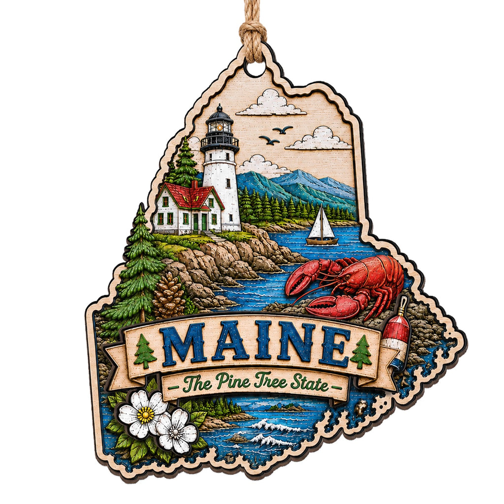 Rocky Coast Lighthouse With Lobster, Pine, Moose and Autumn Foliage. Wood Keepsake for New England Fans.